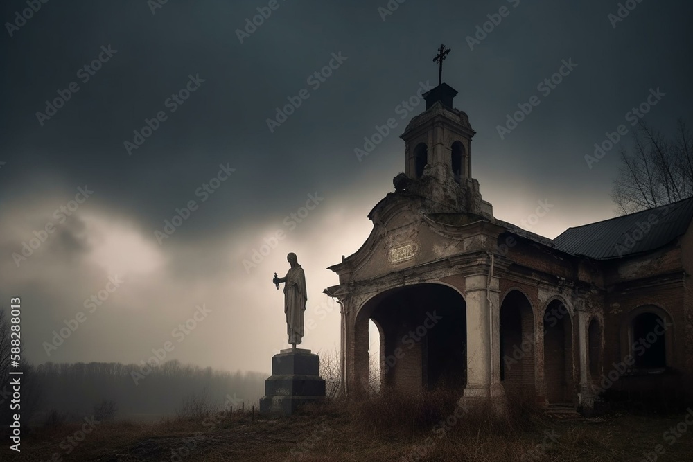abandoned church bad weather over the church an angel guarding the church Generative AI