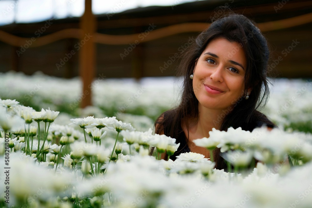 Beautiful young girl posing in a flower nursery in Holambra, Brazil