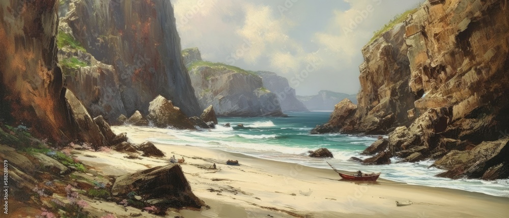Secluded British coastline on a hot summer day, Atlantic ocean view with towering rocky cliffs and gentle calm waves splashing on the sandy beach, unspoiled natural shore - generative AI