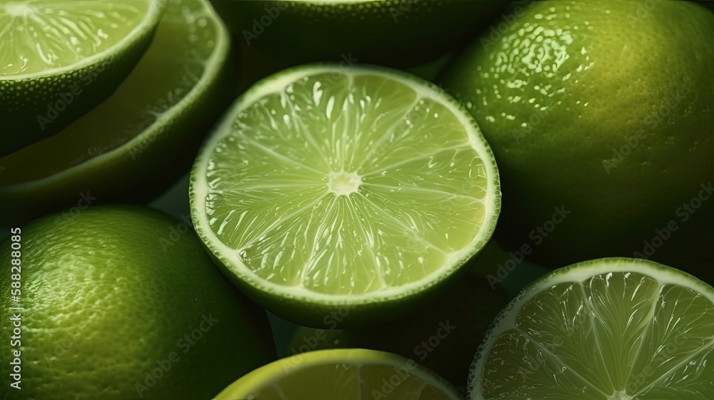 Lime halves close-up. Generative AI. Lime halves close-up. Generative AI.