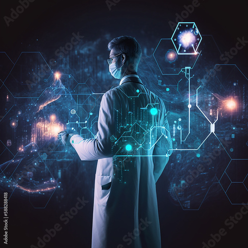 Doctor with virtual documents healthcare network connection concept, generative AI