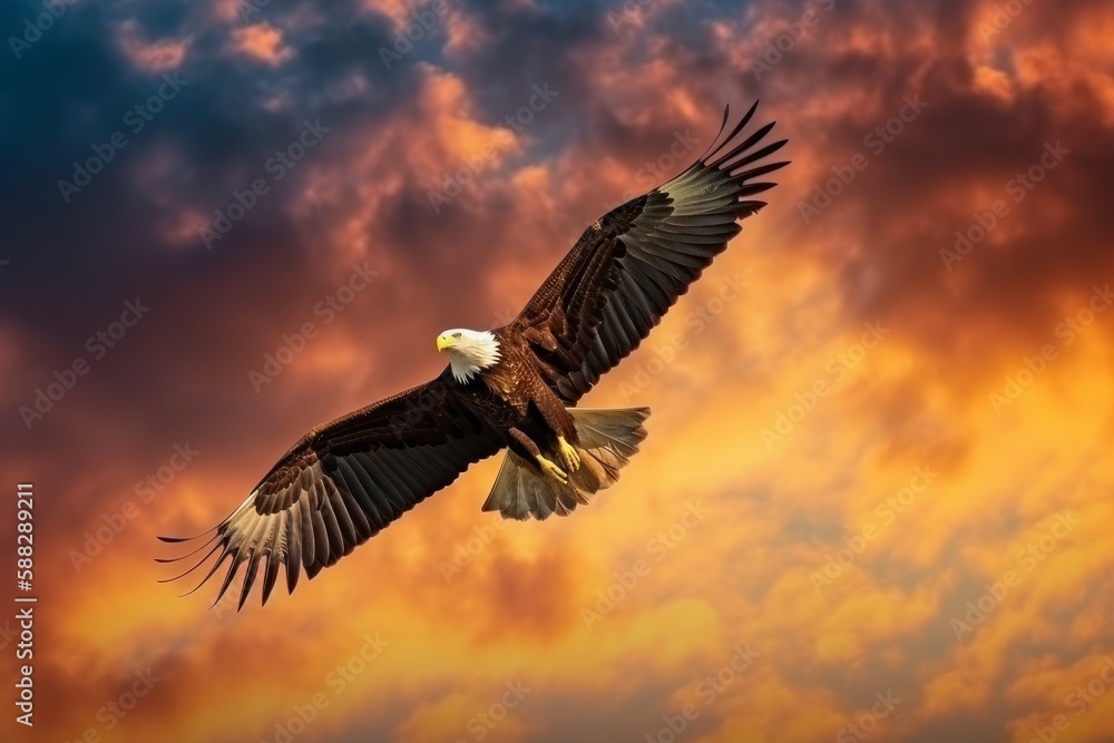 Obraz premium Eagle flying at sunset. Generate Ai
