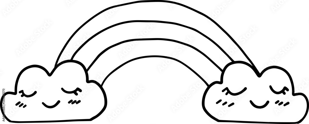Cute sleepy cloud and rainbow cartoon emotion expression outline icon. Vector illustration