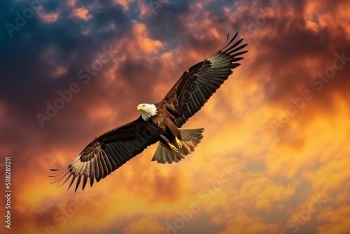 Eagle flying at sunset. Generate Ai
