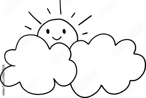 Cute smiling sun behind fluffy cloud cartoon emotion expression  icon. Vector illustration