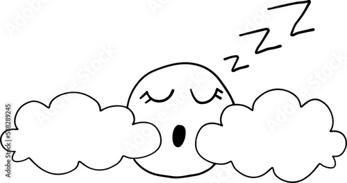 Cute sleepy sun behind fluffy cloud cartoon emotion expression  icon. Vector illustration