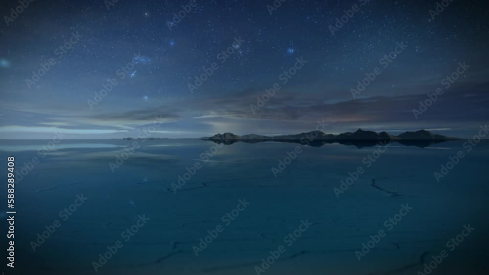 Flight over the Uyuni Salt Flats, Bolivia, against starry sky Flight over the Uyuni Salt Flats, Bolivia, against starry sky