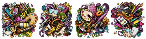 Art cartoon vector doodle designs set.