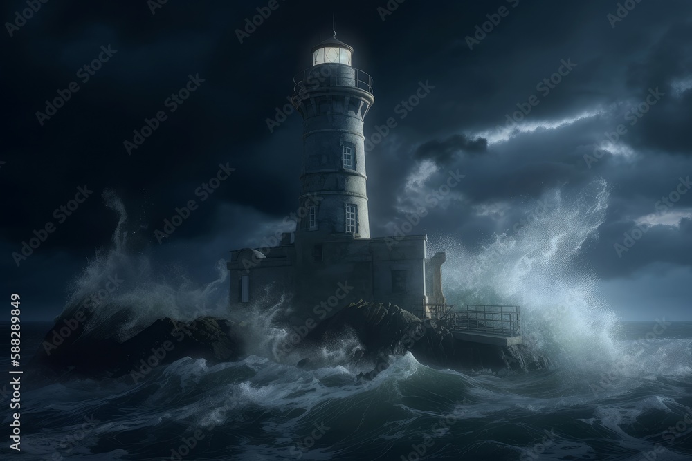 Storm night lighthouse spotlight. Generate Ai