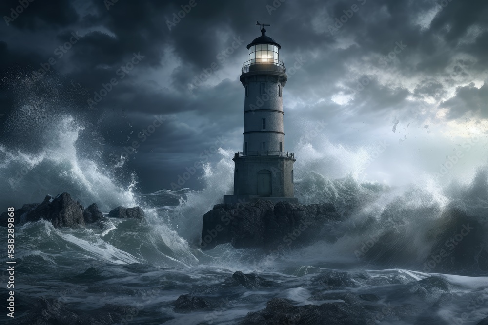 Sea storm near lighthouse. Generate Ai