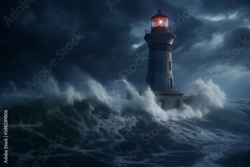 Storm at night lighthouse. Generate Ai