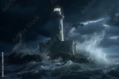 Storm night lighthouse spotlight. Generate Ai
