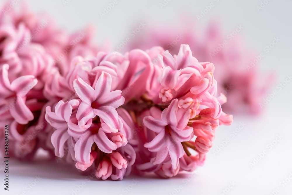  a bunch of pink flowers sitting on top of a white table top next to a white wall with a white background behind it and a few pink flowers in the middle.  generative ai