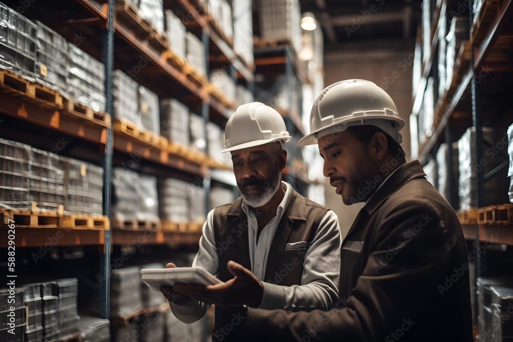 Fototapeta premium Revision managers discussing amount of loaded goods in racks. Generative ai. Warehouse, logistics workers. Business Storage.