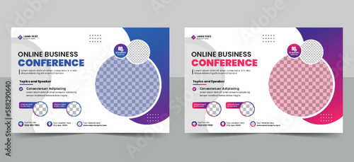 Business conference flyer template or online webinar flyer design, event invitation social media banner layout.