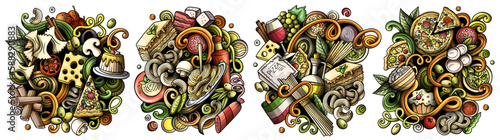 Italian food cartoon vector doodle designs set.
