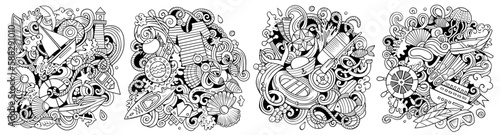 Marine cartoon vector doodle designs set.