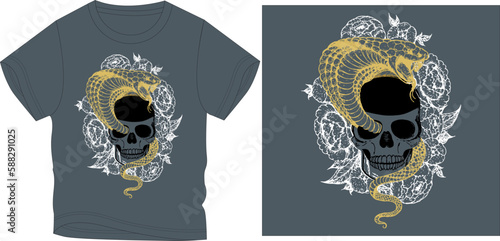 SKULL WITH SNAKE AND FLOWERS t-shirt graphic design vector illustration
