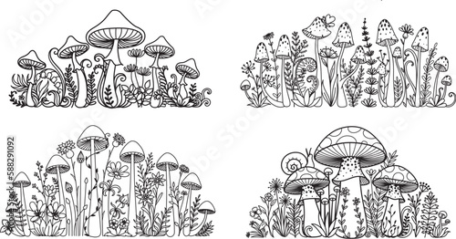 Set of mushroom meadow for design element. Vector illustration