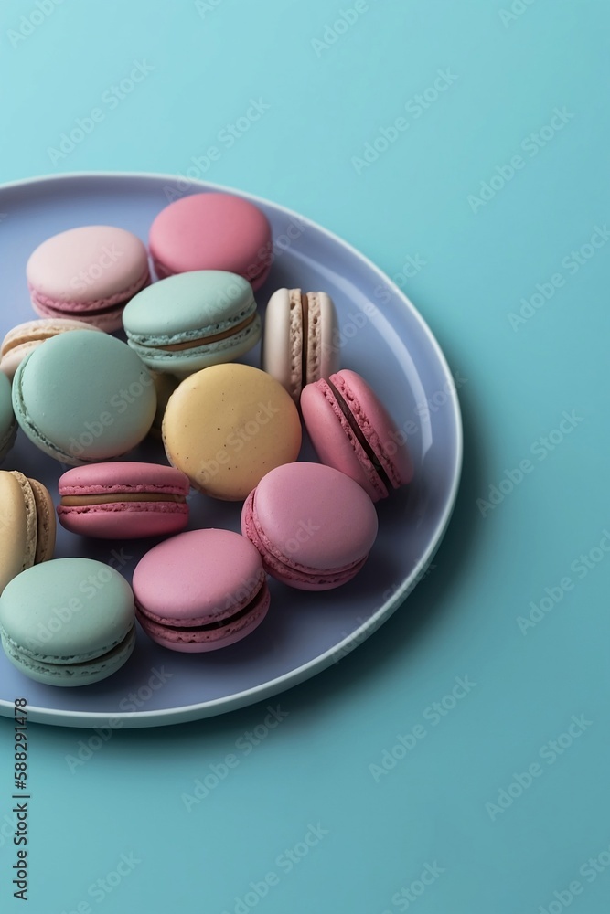 Fototapeta premium Cake macaron or macaroon on plate close-up from above, blue background, colorful almond cookies, pastel colors, greeting card, top view, flat style. French delicious dessert. Image is AI generated.