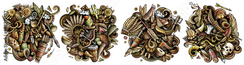 Native American cartoon vector doodle designs set.