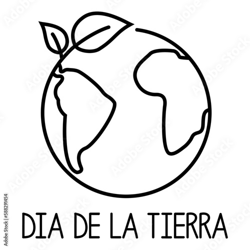 Logo lineal con mapa de la tierra con hojas de planta con letras palabra Dia de la Tierra en texto en español.