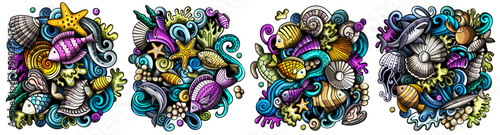 Underwater life cartoon vector doodle designs set.