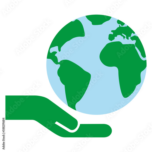 Logo Earth Day. Icono mapa de la tierra con silueta de mano