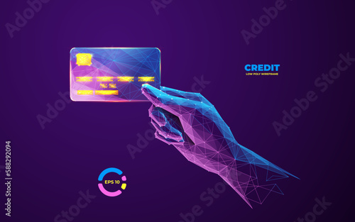 3D Credit card in hand. Abstract hand holding credit card. Digital hand using credit card for online payment or payment transaction or online mobile banking. Low poly wireframe vector illustration.