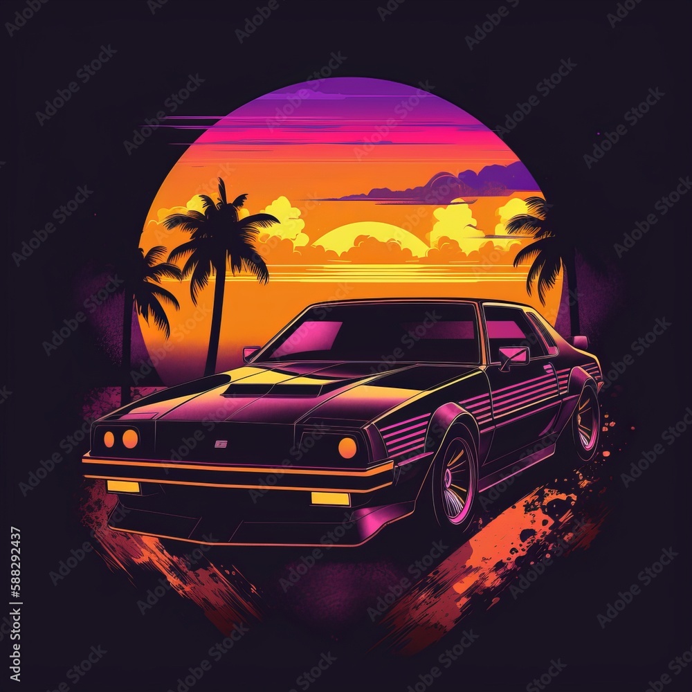 retro car on the beach, sunset, synthwave, for t-shirt design. Generative ai