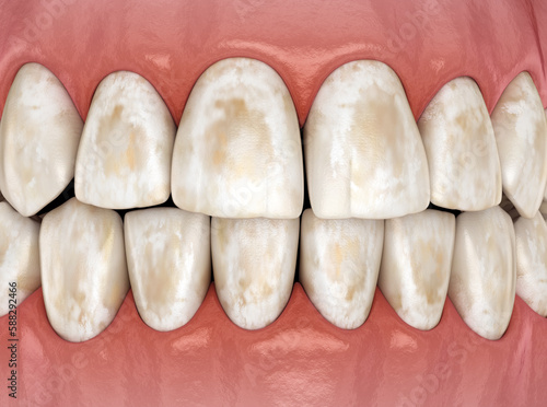 Tooth demineralization, removal of minerals from hard tissues: enamel, dentine, and cementu. Dental 3D illustration photo