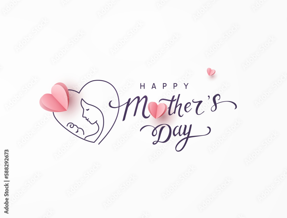 Mother's day greeting card. Vector postcard with pink paper heart. Symbol of love mom and baby child on white background
