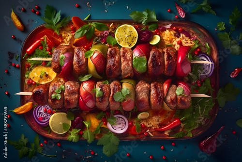 A Delicious Kebab with Fresh Vegetables and Grilled Meat. Generative AI © PIRMYN