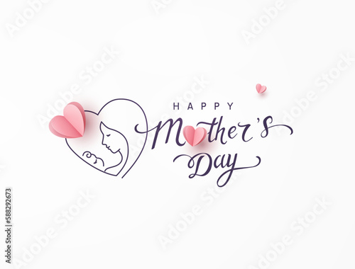 Mother's day greeting card. Vector postcard with pink paper heart. Symbol of love mom and baby child on white background