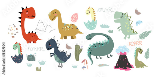 Dinosaurs vector set in cartoon Scandinavian style. A colorful cute children s illustration is perfect for a child s room.