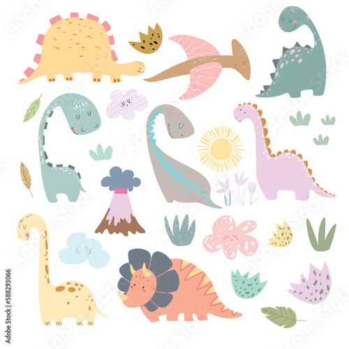 Cute dinosaur set for kids, baby design. Colorful dino of hand drawn style. Vector illustration of dinosaurs isolated on background.