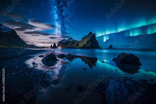 Arctic Splendor: The Majestic Aurora Borealis Over a Glowing Fjord, ai generative