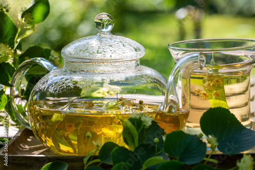Linden tea in glass cup and teapot on wooden table in garden in summer under blooming linden tree. Herbal tea.