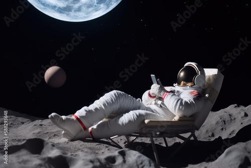 astronaut with phone on a lounger relax on moon Generative AI photo