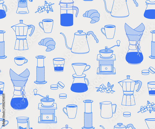 Seamless pattern of tools for brewing coffee, sweets, and coffee branch. Line art, retro. Vector illustration for coffee shops, cafes, and restaurants.