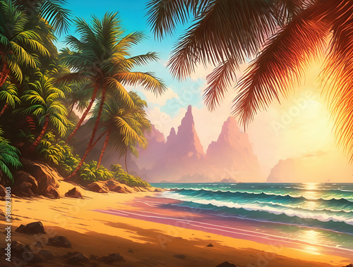 Illustration eines karibischen Strandes bei Sonnenuntergang, farbenfroh