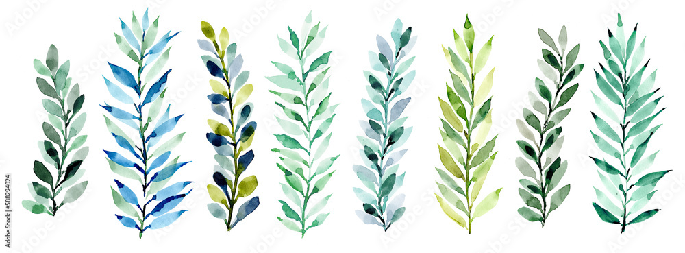 Green branches of plants with leaves on a white background. Watercolor leaves of green color, shades. Hand-drawn branches of trees, flowers for design, decor Green branches of plants with leaves on a white background. Watercolor leaves of green color, shades. Hand-drawn branches of trees, flowers for design, decor