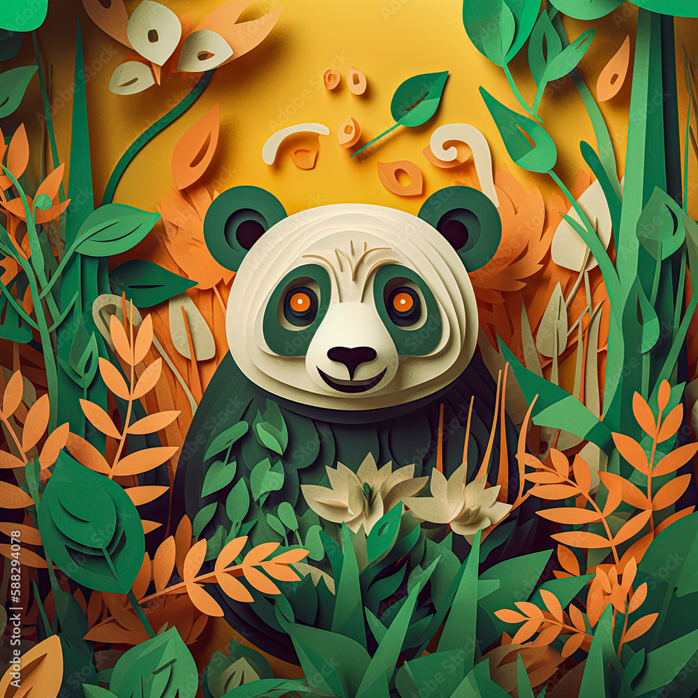 paper art style, A close-up of a giant panda's face, with its black and white fur depicted in intricate cuts and folds. paper art style, A close-up of a giant panda's face, with its black and white fur depicted in intricate cuts and folds.