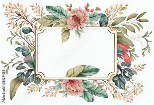 Beautiful Watercolor Floral Frame, Copy Space, Generative AI