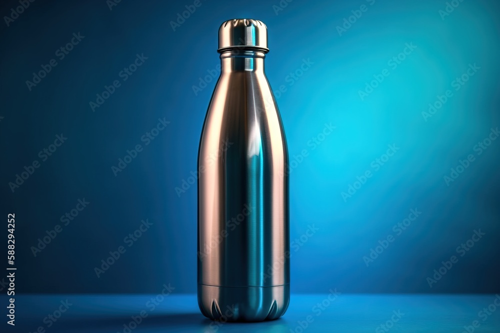 a shiny metal water bottle on a blue surface with a blue back ground and a blue back ground with a blue back ground and a blue back ground. generative ai a shiny metal water bottle on a blue surface with a blue back ground and a blue back ground with a blue back ground and a blue back ground. generative ai