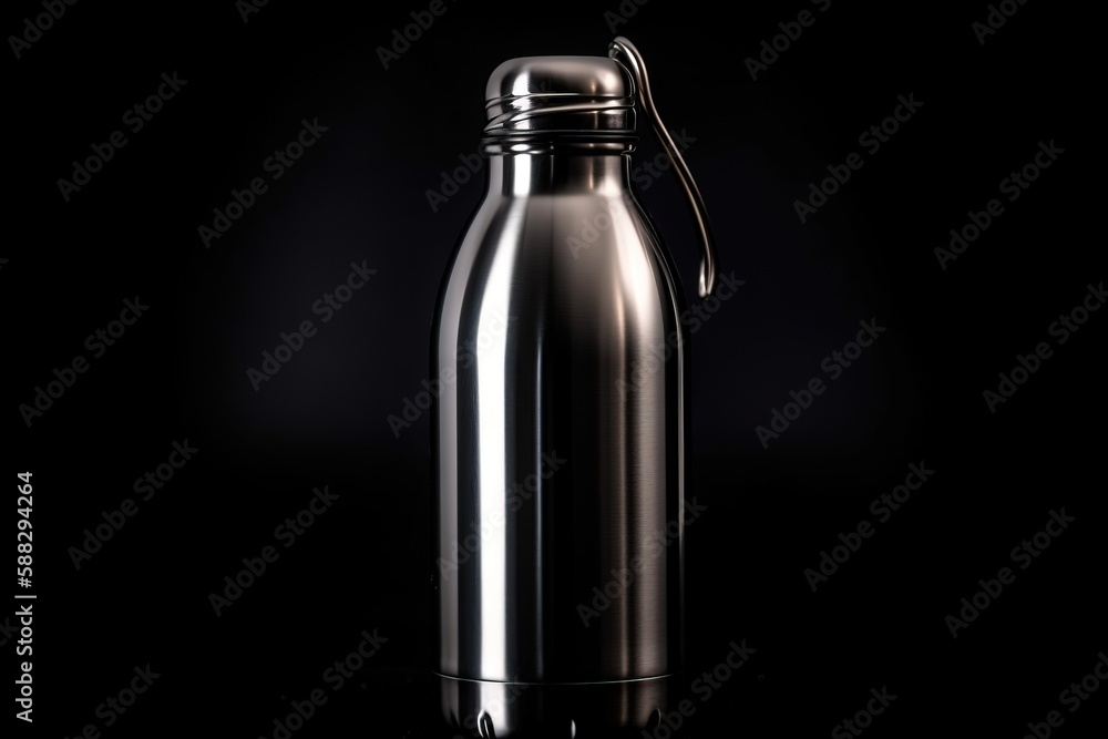 a stainless steel water bottle on a reflective surface with a black back ground and a black back ground with a reflection of the water bottle. generative ai a stainless steel water bottle on a reflective surface with a black back ground and a black back ground with a reflection of the water bottle. generative ai