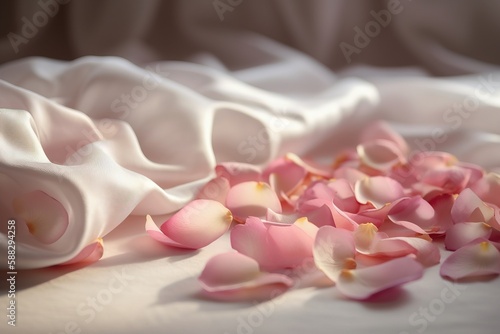  a bunch of pink flowers laying on a white sheet on a bed with a white sheet in the background and a pink rose petals on the bed.  generative ai