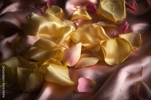  a bunch of yellow and pink flowers on a bed of silks with a black back ground and a pink and white background with a few pink petals.  generative ai