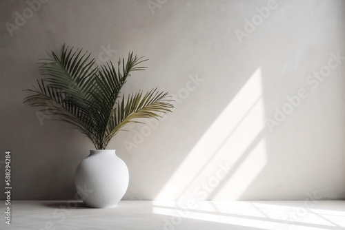 shadows home wall sunlight interior vase decor ceramic palm tree design concrete. Generative AI. © VICHIZH