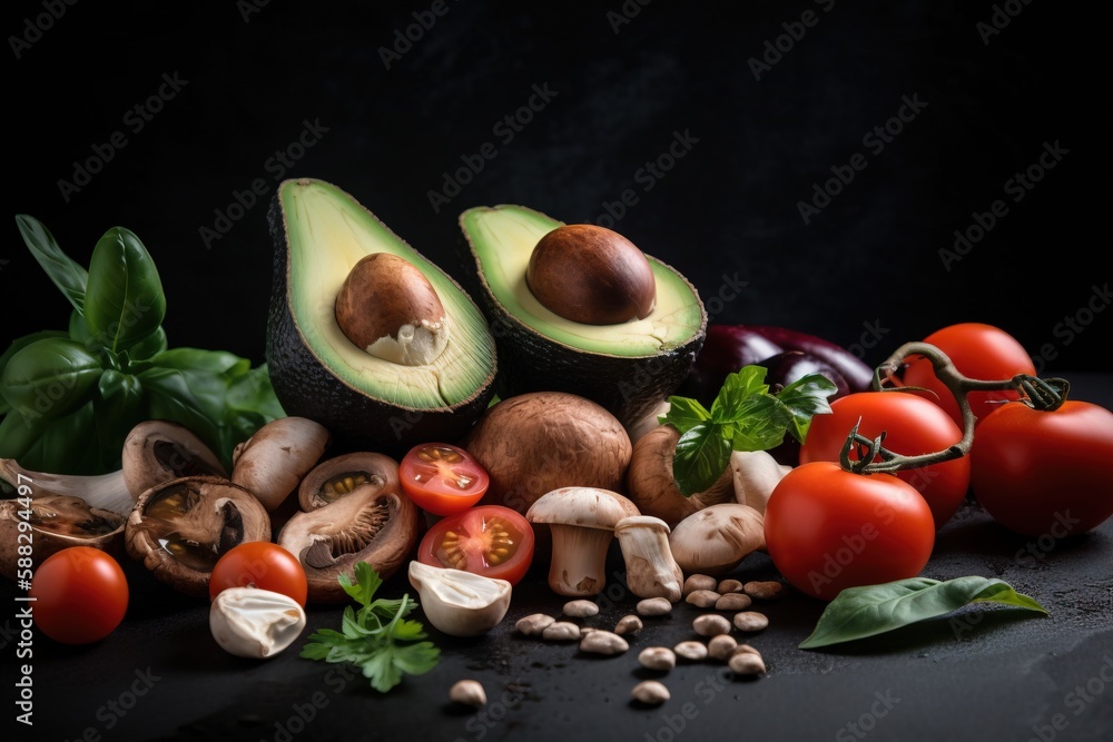  a table topped with lots of different types of vegetables and fruits on top of a black tablecloth covered in mushrooms, tomatoes, avocados, spinach, mushrooms, and spinach.  generative ai